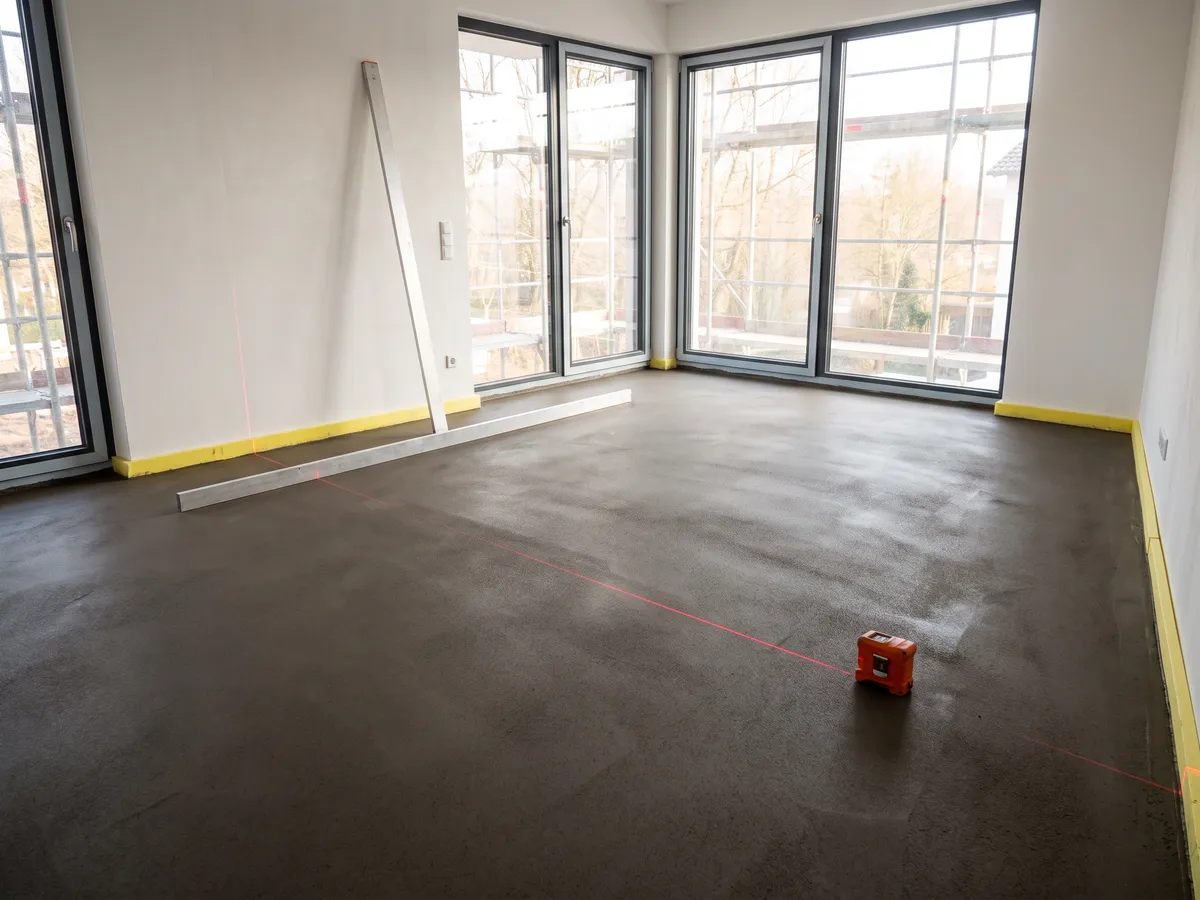 Frisch verlegter, glatter Zementestrich mit Laserlinie in einem hellen Neubau