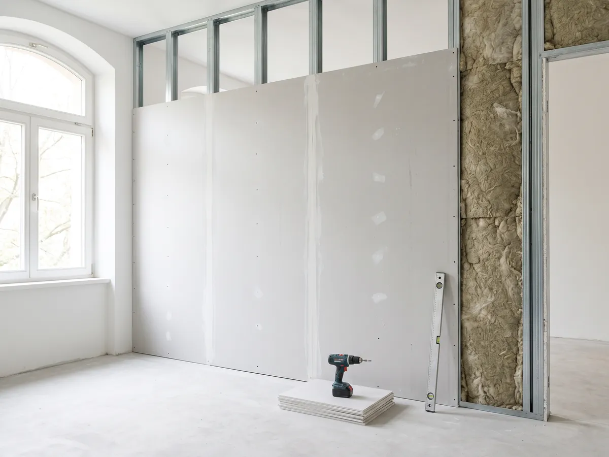 Neue Trockenbauwand auf Metallständern, halb beplankt, mit Dämmung