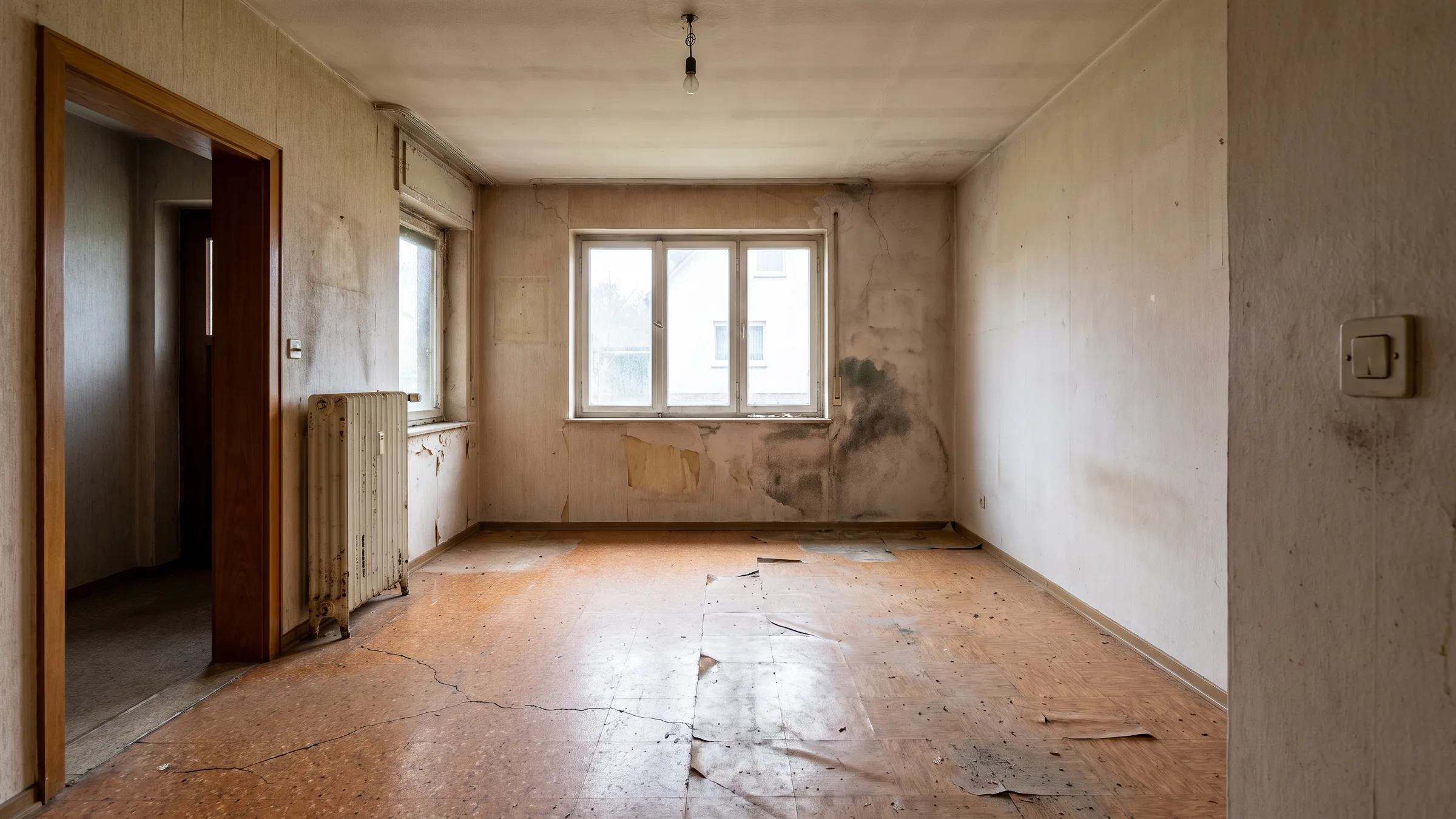Ein Wohnraum, der sich vom Altbau über Abriss, Estrich, Trockenbau und Fliesen bis zum fertigen Fischgrätparkett verwandelt